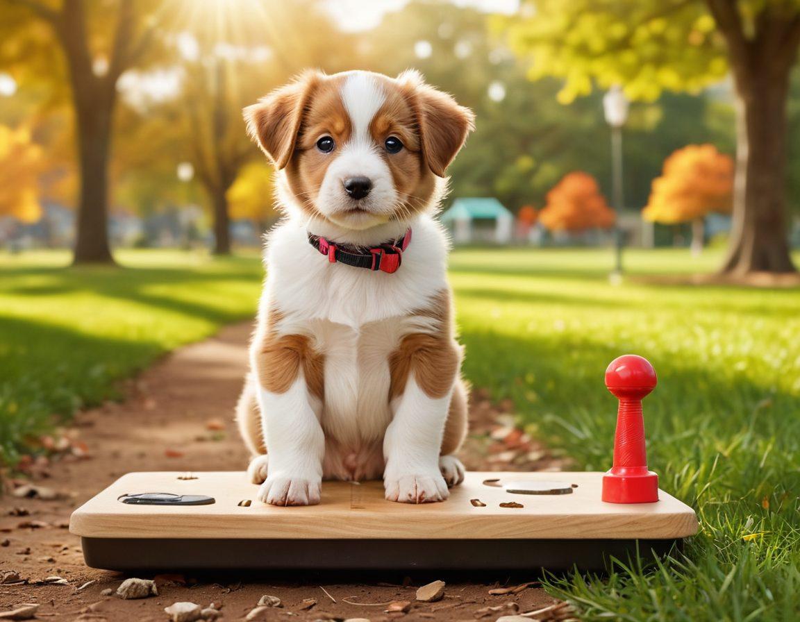 An adorable puppy evolving into a confident adult dog, showcasing various training methods along the journey. Include training tools like clickers, treats, and agility equipment, set against a backdrop of a park with happy dog owners. Bright, inviting colors to represent positivity and growth, emphasizing the bond between humans and dogs. super-realistic. vibrant colors. outdoor setting.