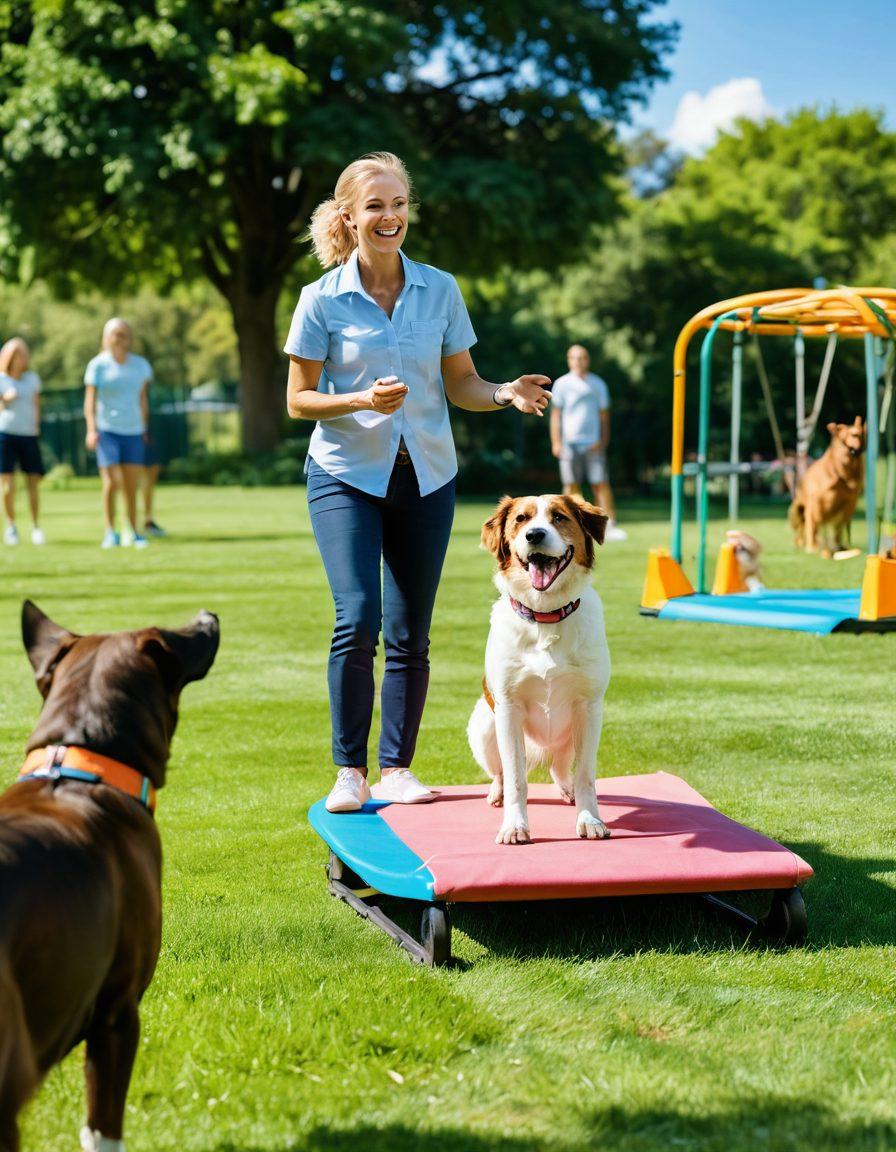 A joyful dog displaying various training skills, surrounded by a lush green park and an expert trainer using positive reinforcement techniques. In the background, colorful agility equipment and happy owners watching their pets interacting. The scene radiates enthusiasm and camaraderie, reflecting the bond between dogs and their trainers. super-realistic. vibrant colors. sunny day.