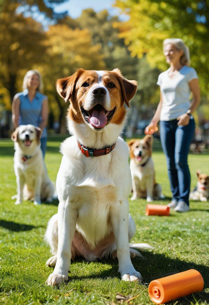 A happy, well-trained dog executing various commands like sit, stay, and roll over in a sunny park setting. In the background, a diverse group of dog owners enthusiastically engaging in training sessions, with colorful training tools scattered around. The atmosphere is filled with playful energy and a sense of accomplishment. warm colors. vibrant and inviting. super-realistic.
